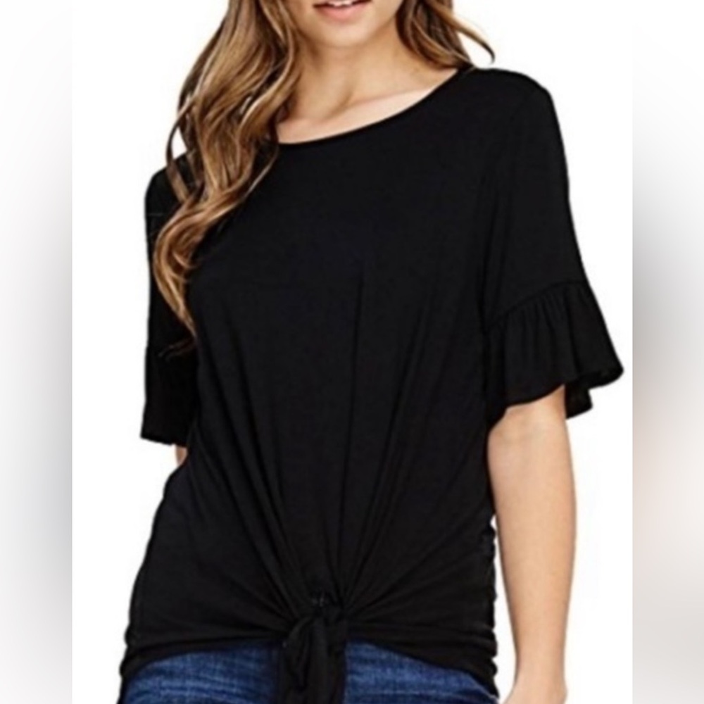 Emelia Dressy Black Top sz L Tie Front Flounce Dolman Sleeves GUC B1313